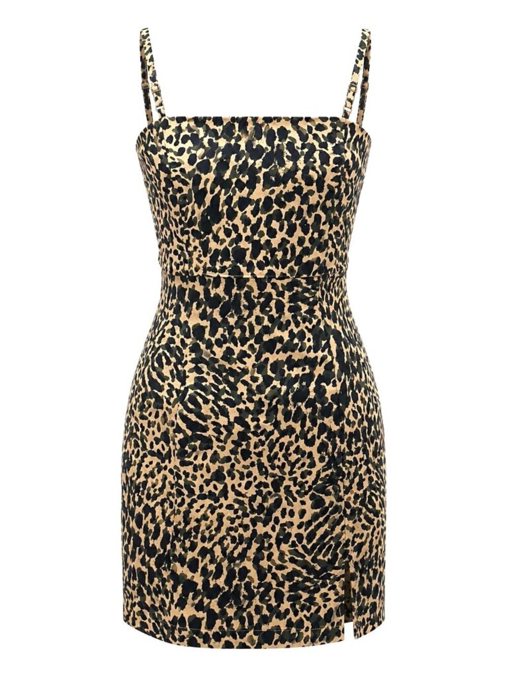 Forever 21 M Leopard Print Mini Dress Beige Black Spaghetti Strap Front Slit Zip - Picture 1 of 12